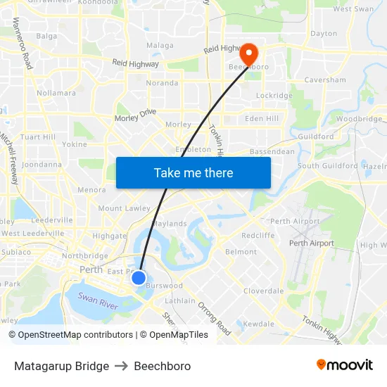 Matagarup Bridge to Beechboro map