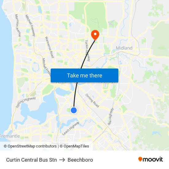 Curtin Central Bus Stn to Beechboro map
