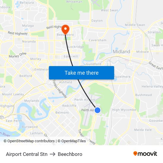 Airport Central Stn to Beechboro map