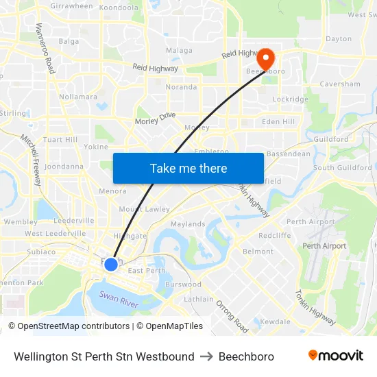 Wellington St Perth Stn Westbound to Beechboro map