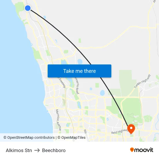 Alkimos Stn to Beechboro map