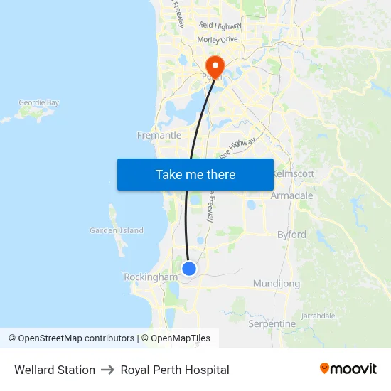 Wellard Station to Royal Perth Hospital map
