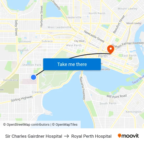 Sir Charles Gairdner Hospital to Royal Perth Hospital map