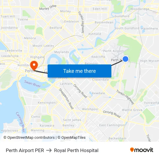 Perth Airport PER to Royal Perth Hospital map