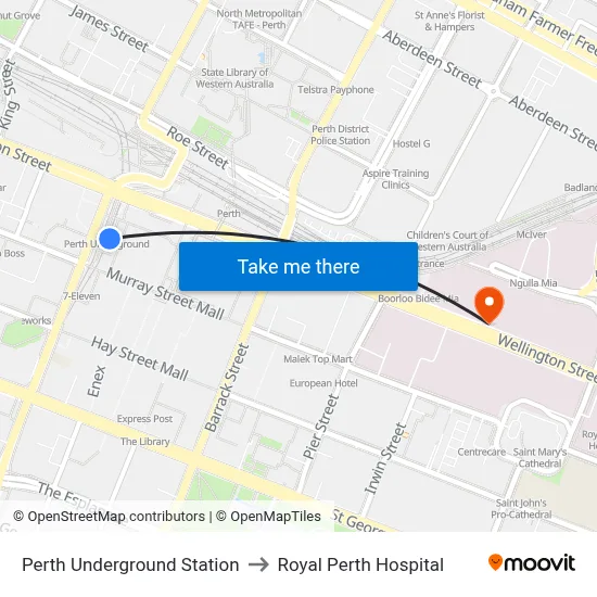 Perth Underground Station to Royal Perth Hospital map