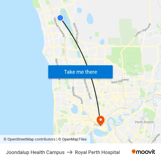 Joondalup Health Campus to Royal Perth Hospital map