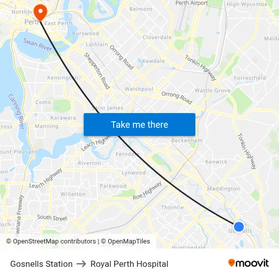 Gosnells Station to Royal Perth Hospital map