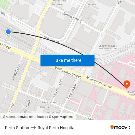 Perth Station to Royal Perth Hospital map