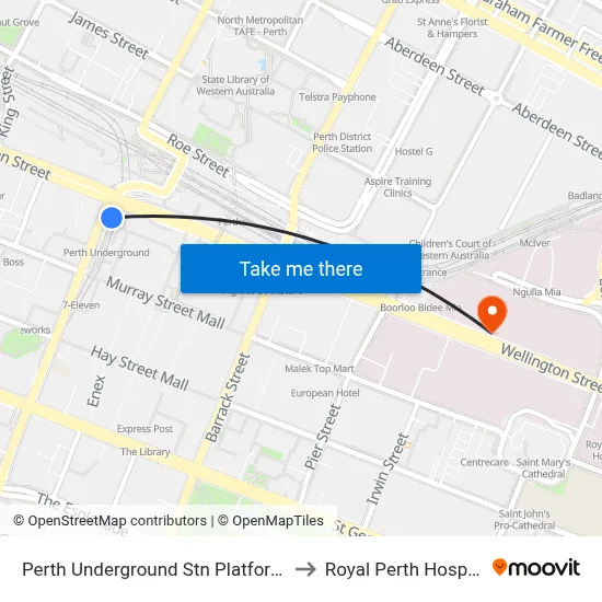 Perth Underground Stn Platform 1 to Royal Perth Hospital map