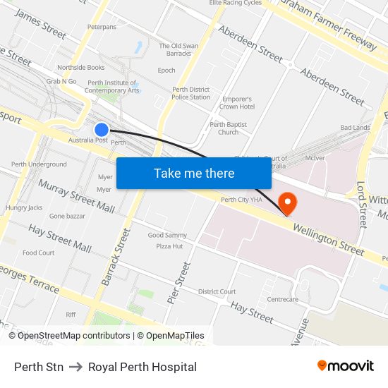 Perth Stn to Royal Perth Hospital map