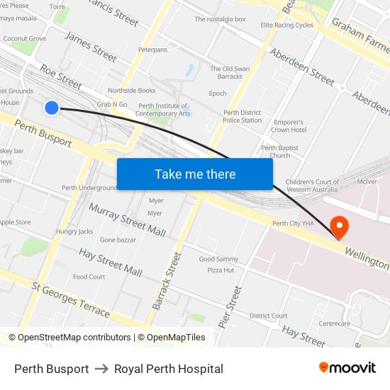 Perth Busport to Royal Perth Hospital map