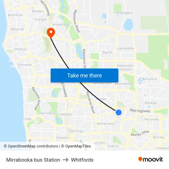 Mirrabooka bus Station to Whitfords map
