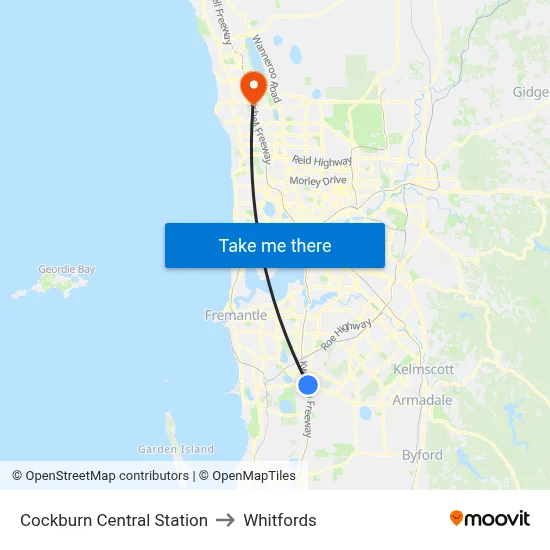 Cockburn Central Station to Whitfords map