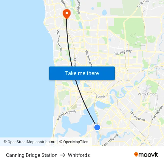 Canning Bridge Station to Whitfords map