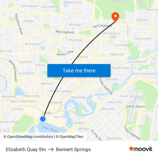 Elizabeth Quay Stn to Bennett Springs map