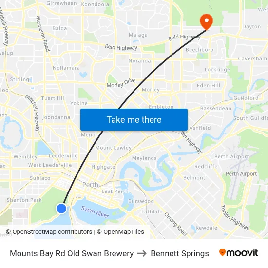 Mounts Bay Rd Old Swan Brewery to Bennett Springs map