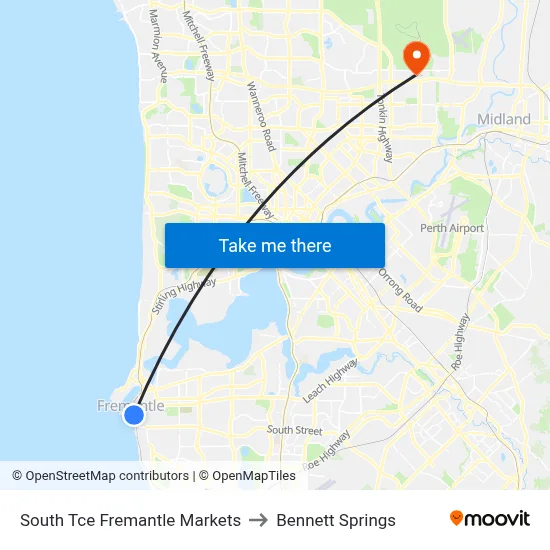 South Tce Fremantle Markets to Bennett Springs map