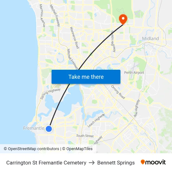 Carrington St Fremantle Cemetery to Bennett Springs map