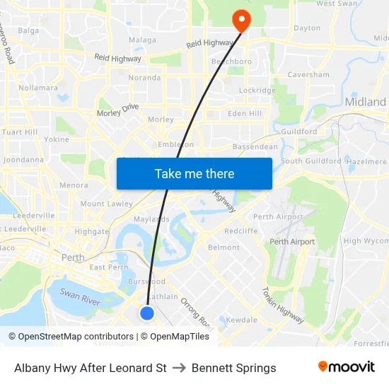 Albany Hwy After Leonard St to Bennett Springs map