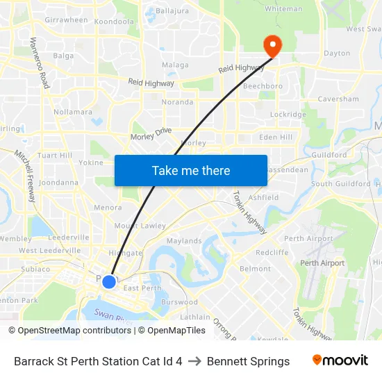 Barrack St Perth Station Cat Id 4 to Bennett Springs map