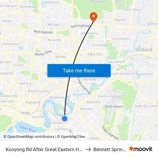 Kooyong Rd After Great Eastern Hwy to Bennett Springs map