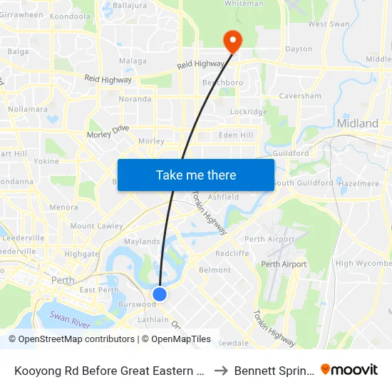 Kooyong Rd Before Great Eastern Hwy to Bennett Springs map
