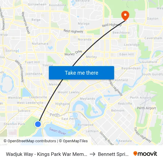 Wadjuk Way - Kings Park War Memorial to Bennett Springs map