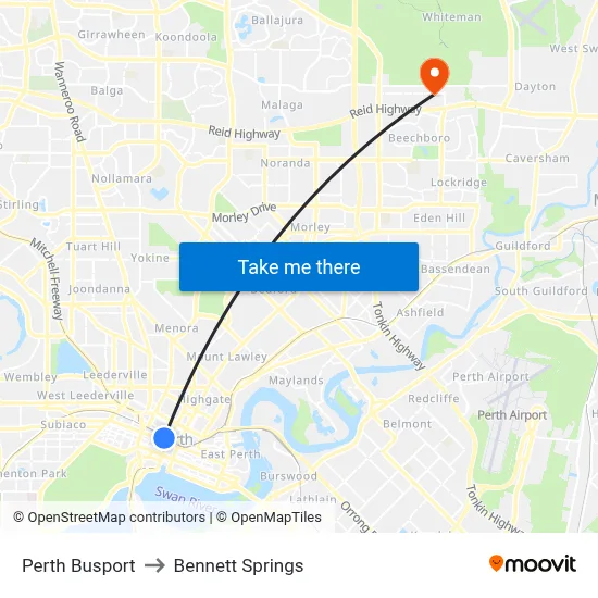 Perth Busport to Bennett Springs map