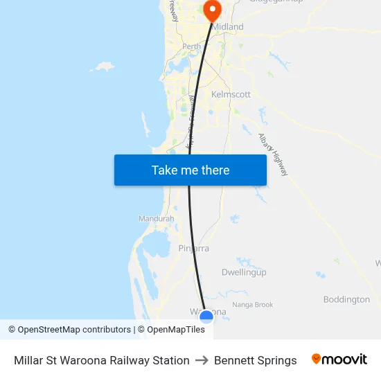 Millar St Waroona Railway Station to Bennett Springs map