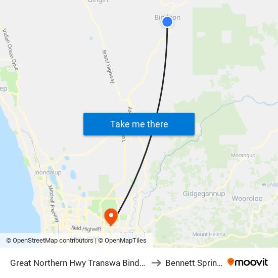 Great Northern Hwy Transwa Bindoon to Bennett Springs map