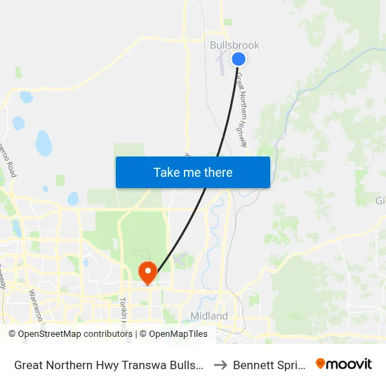 Great Northern Hwy Transwa Bullsbrook to Bennett Springs map