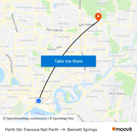 Perth Stn Transwa Rail Perth to Bennett Springs map
