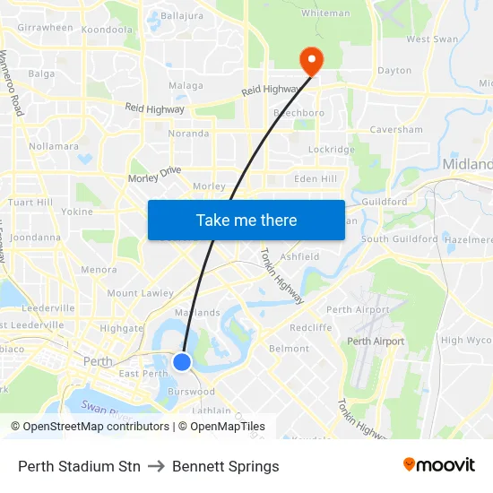 Perth Stadium Stn to Bennett Springs map