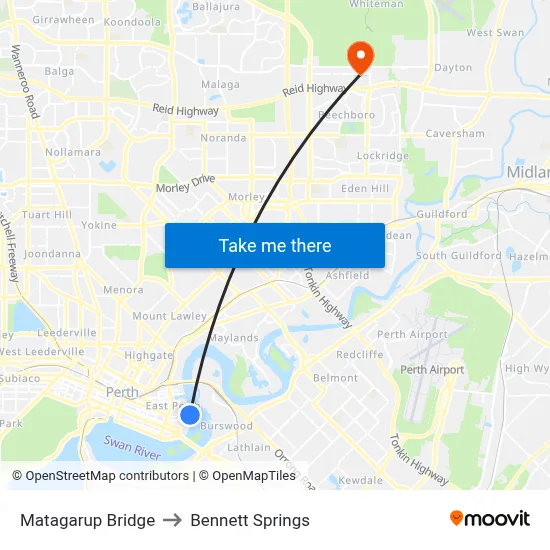 Matagarup Bridge to Bennett Springs map