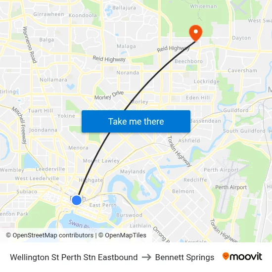 Wellington St Perth Stn Eastbound to Bennett Springs map