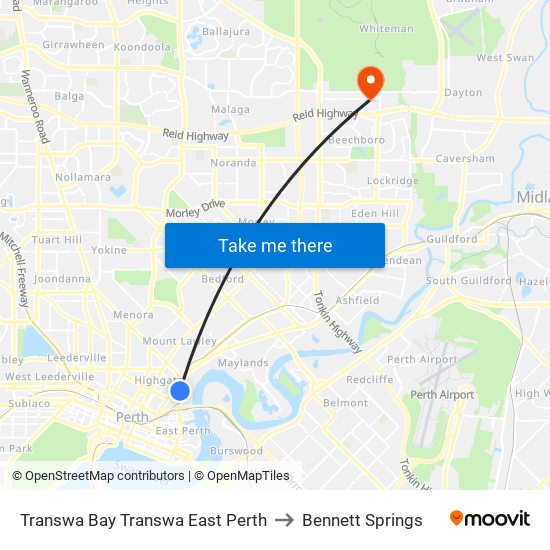 Transwa Bay Transwa East Perth to Bennett Springs map