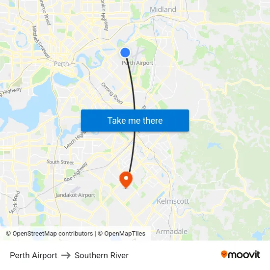 Perth Airport to Southern River map
