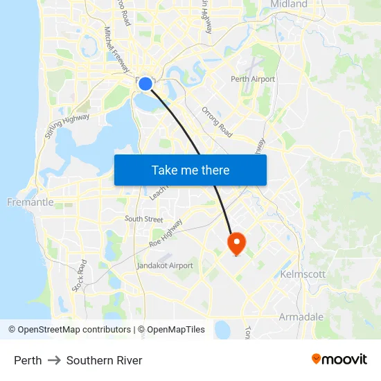 Perth to Southern River map