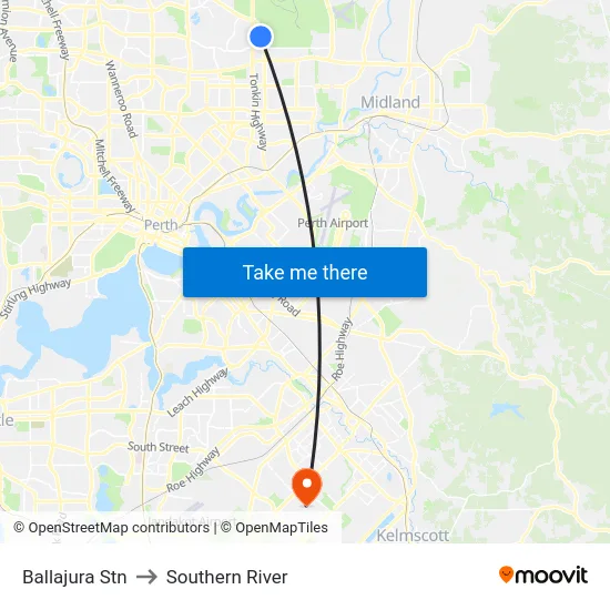 Ballajura Stn to Southern River map