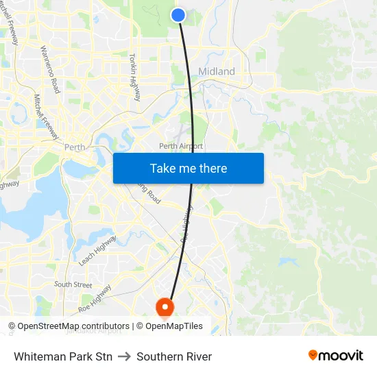 Whiteman Park Stn to Southern River map