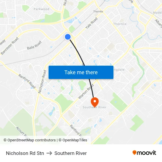 Nicholson Rd Stn to Southern River map