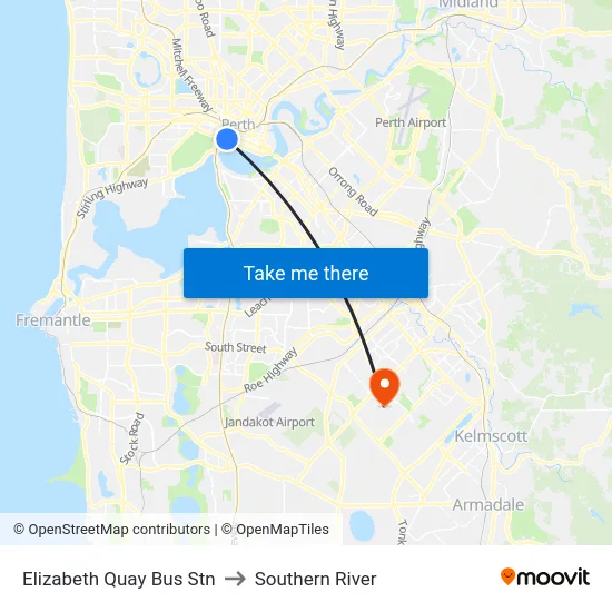 Elizabeth Quay Bus Stn to Southern River map