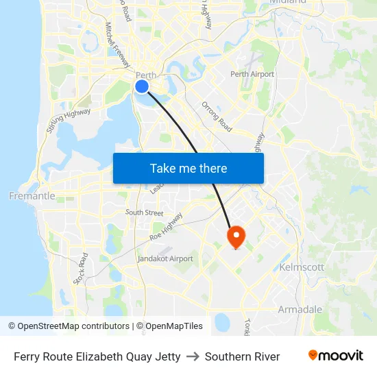 Ferry Route Elizabeth Quay Jetty to Southern River map
