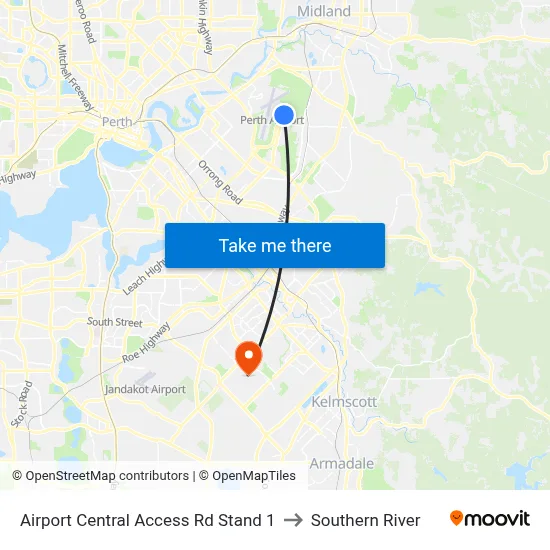 Airport Central Access Rd Stand 1 to Southern River map