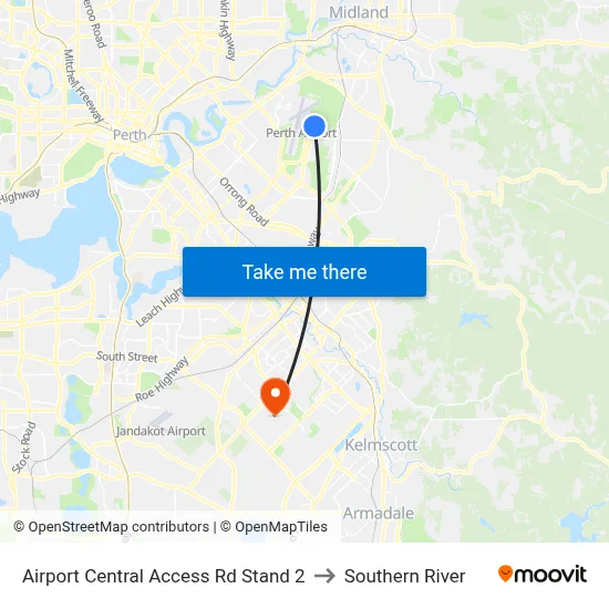 Airport Central Access Rd Stand 2 to Southern River map