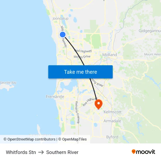 Whitfords Stn to Southern River map
