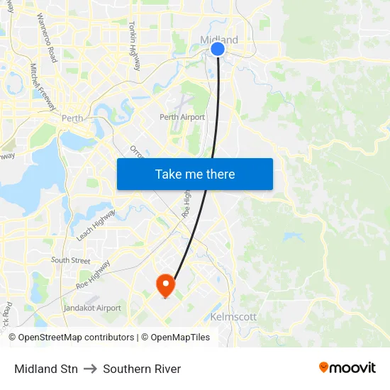 Midland Stn to Southern River map