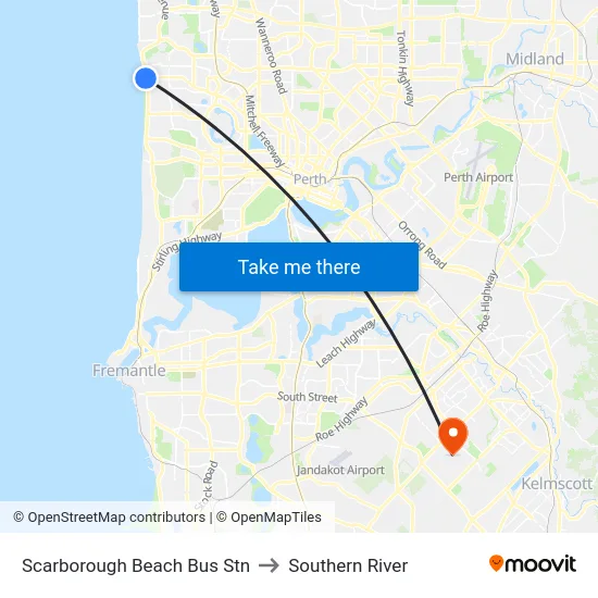 Scarborough Beach Bus Stn to Southern River map