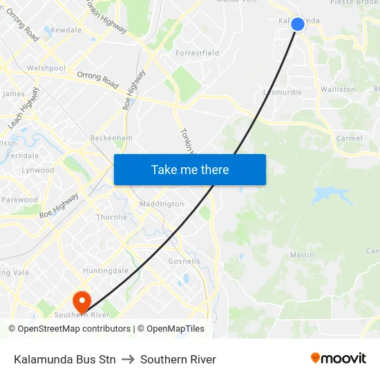 Kalamunda Bus Stn to Southern River map