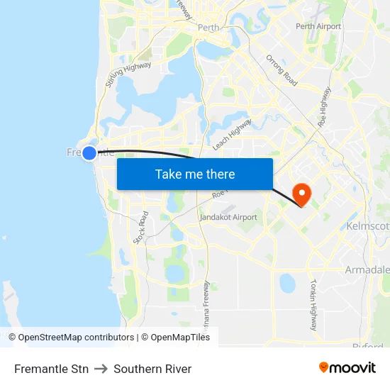 Fremantle Stn to Southern River map